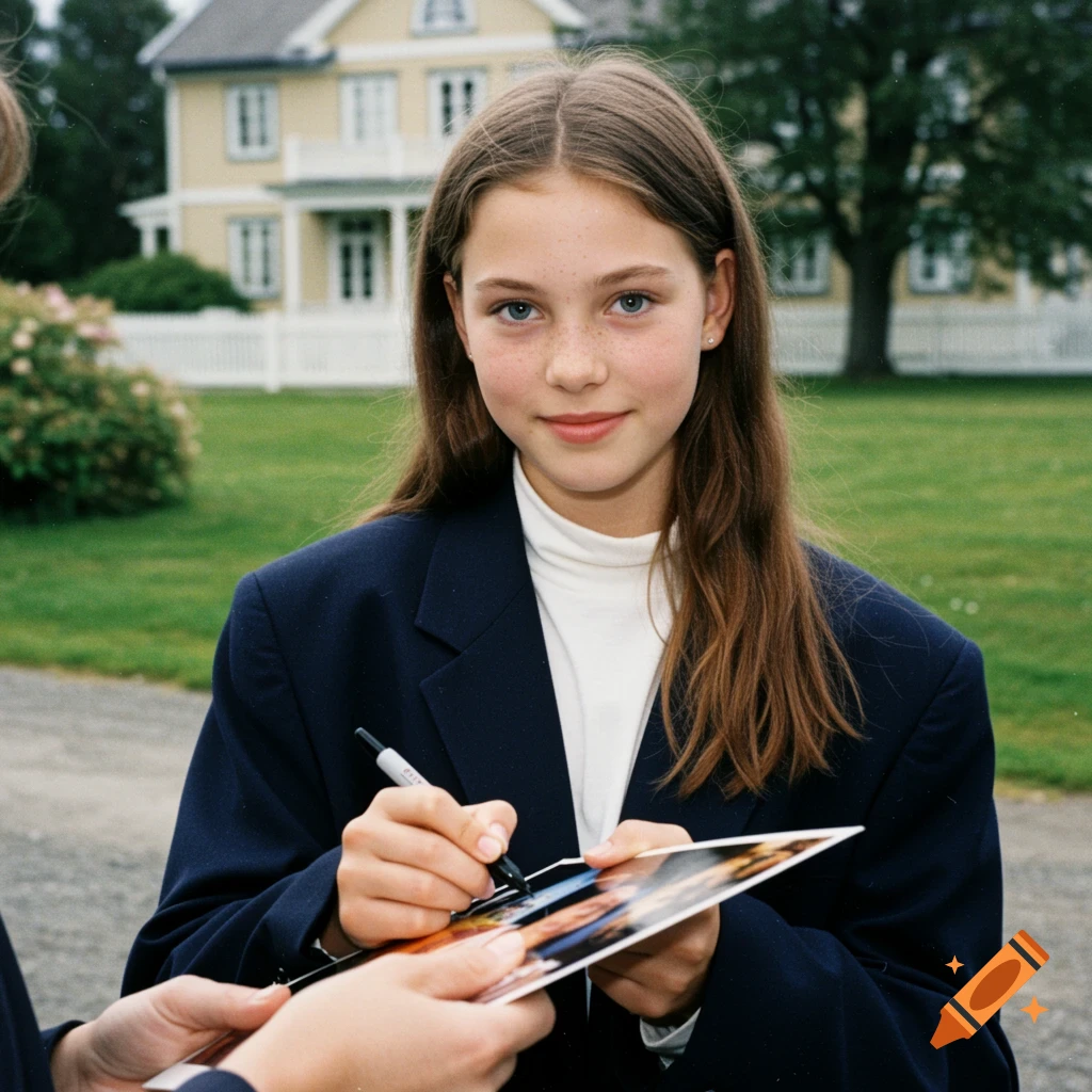 Young girl in 90s clothing signs an autograph outdoors in a photo.