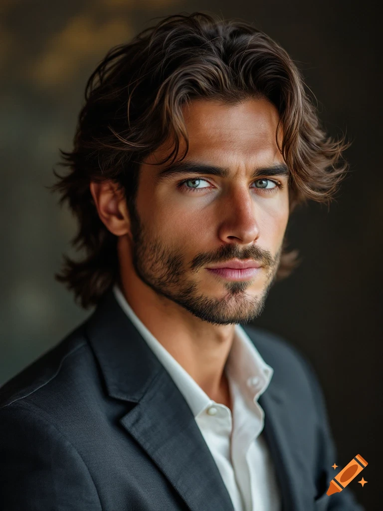 A photorealistic portrait of a man in a suit looking towards the camera.