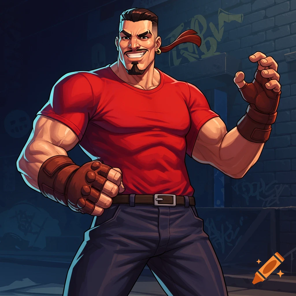 Stylized illustration of a muscular man in a red shirt and gloves posing against a brick wall.