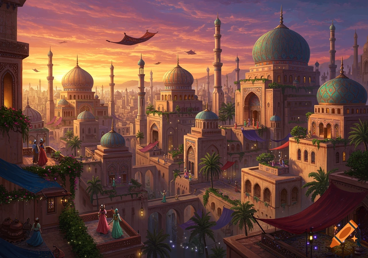 An exotic city with domes and spires at sunset, featuring people on rooftops and flying carpets.