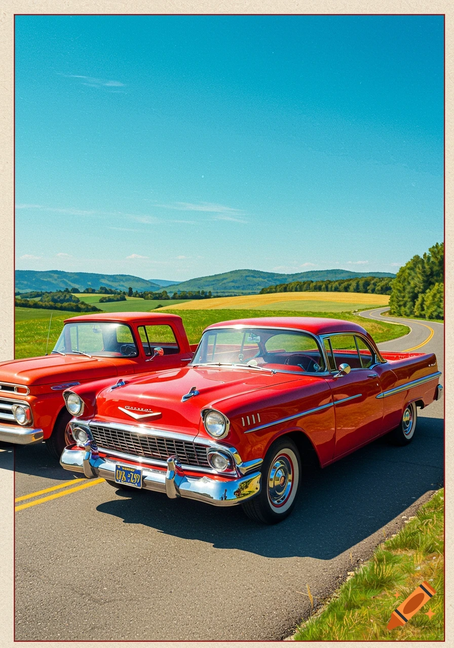 A red classic car and truck on a rural road with hills and fields.