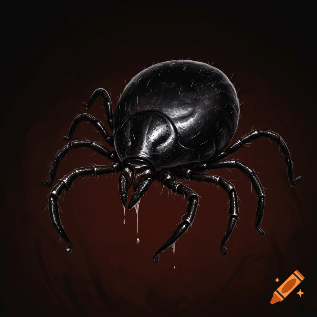 A large, black tick with liquid dripping from its mouthparts.