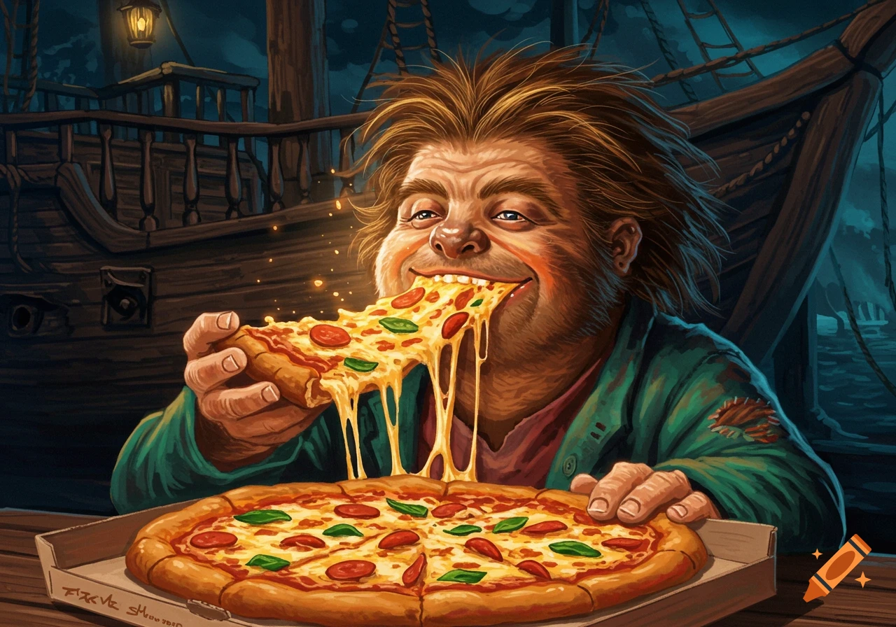 Sloth from The Goonies eating a cheesy slice of pizza on a ship.