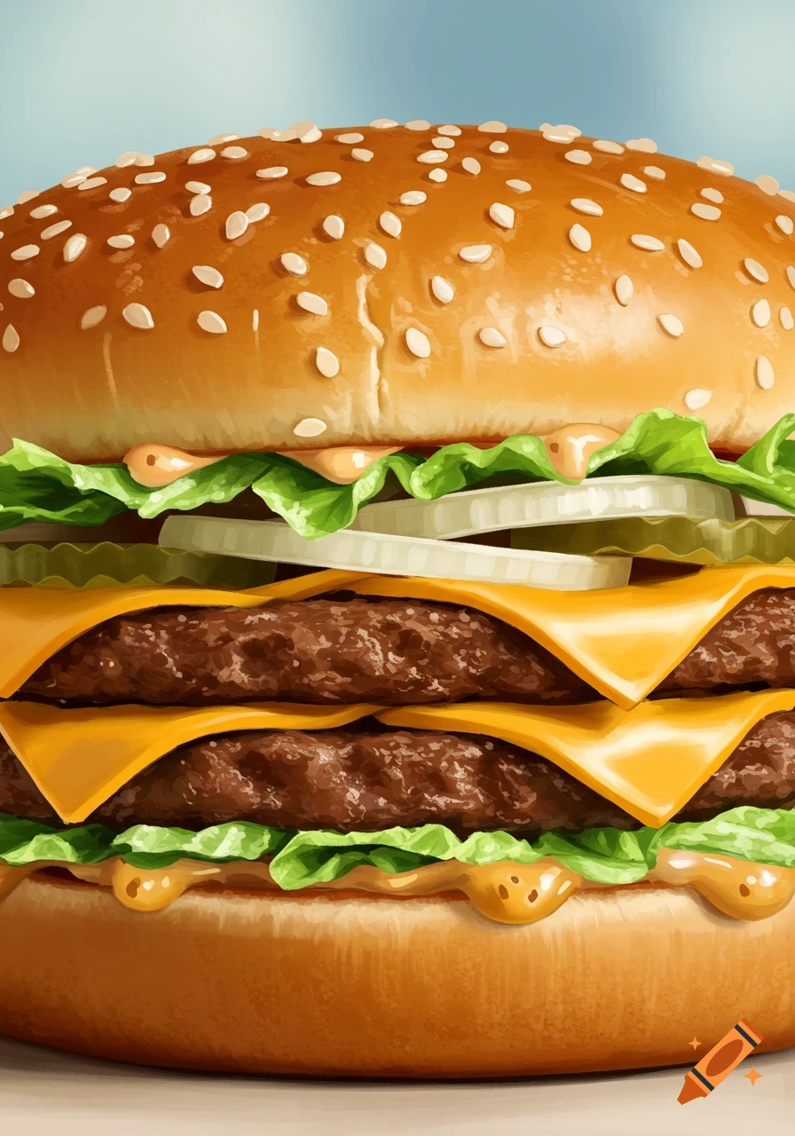 Close-up of a double cheeseburger with lettuce, onion, and sauce.