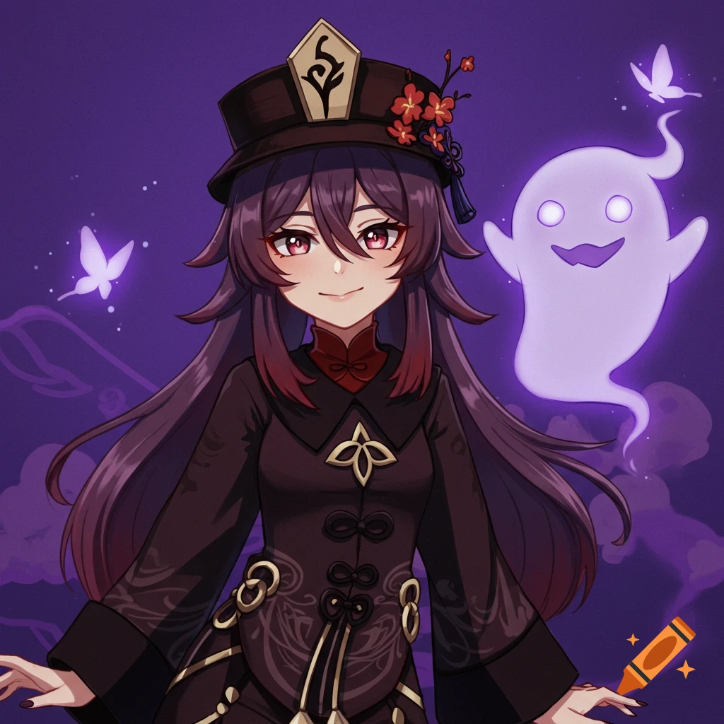 Anime portrait illustration of Hu Tao with a ghost and butterflies on a purple background.