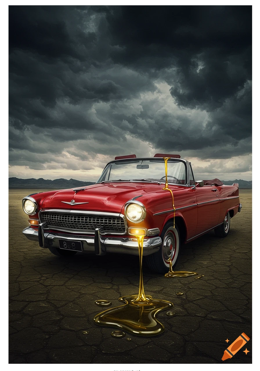 Red classic convertible car with golden liquid dripping from its headlight onto cracked ground under a dark, stormy sky.
