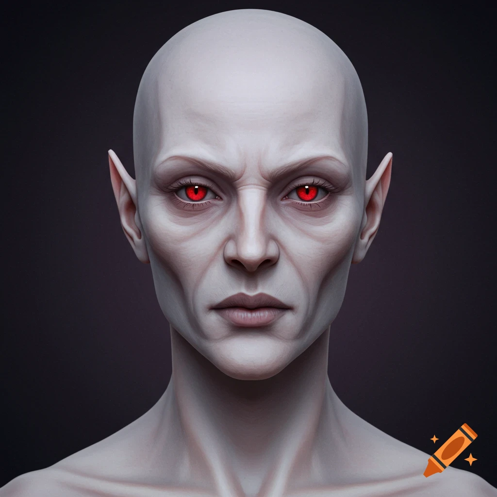 A close-up portrait of a pale, bald fantasy creature with red eyes and pointy ears against a dark background in a dark fantasy style.