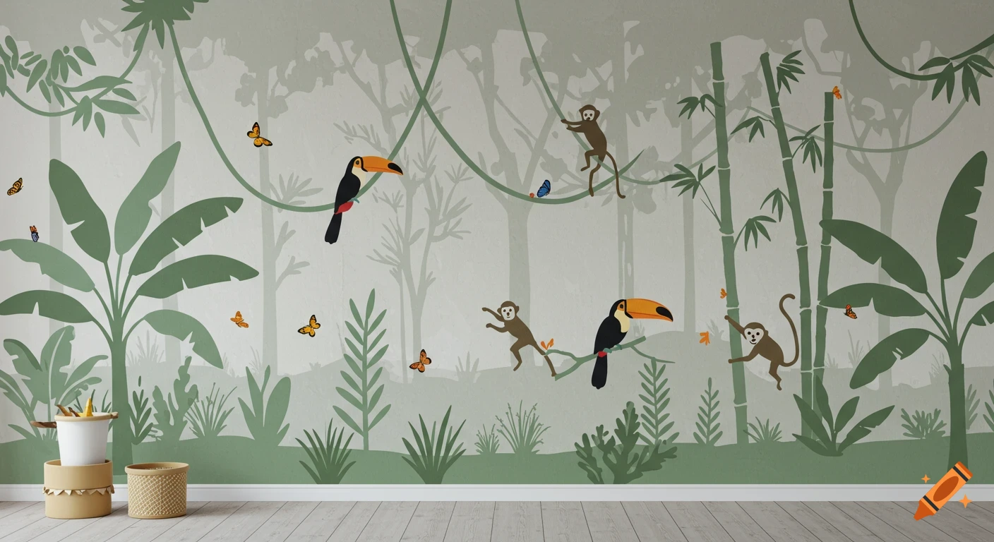 Simple jungle mural with monkeys, toucans, plants, and vines.