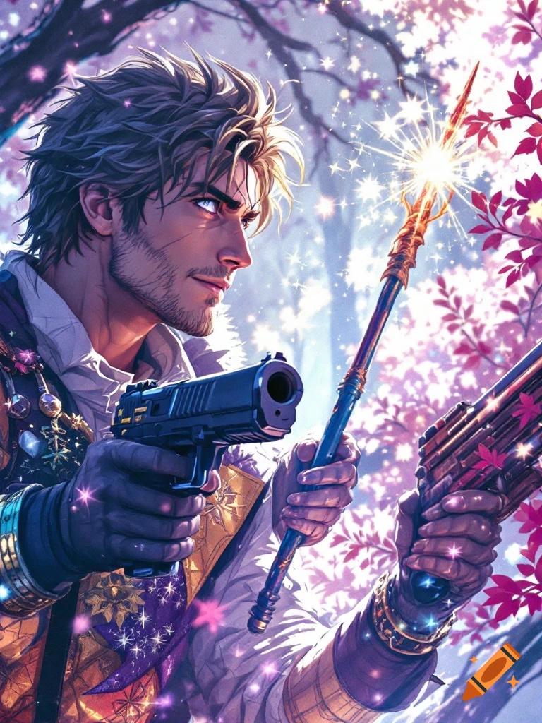 Anime man holding a gun and a glowing magical staff in a sparkling forest.
