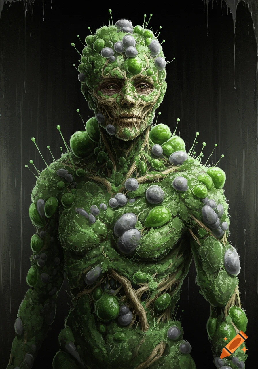 A humanoid figure is covered in green mold, moss, and grey stones.