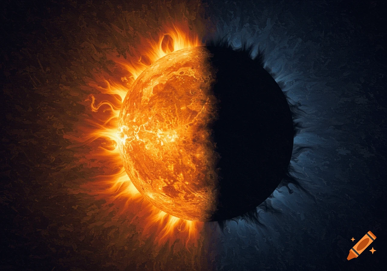 A celestial body, half bright orange and fiery, half dark blue in shadow.