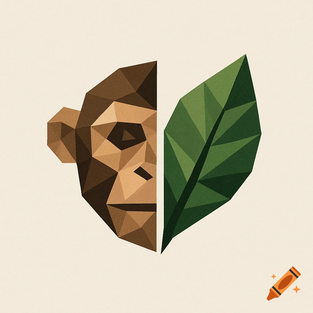Low polygon illustration of half a monkey face and half a green leaf
