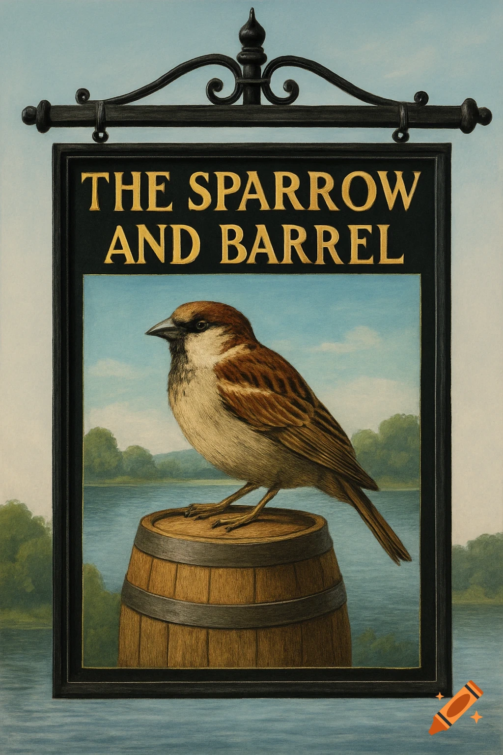 A pub sign for The Sparrow and Barrel shows a sparrow on a barrel with a lake background. Illustration style.