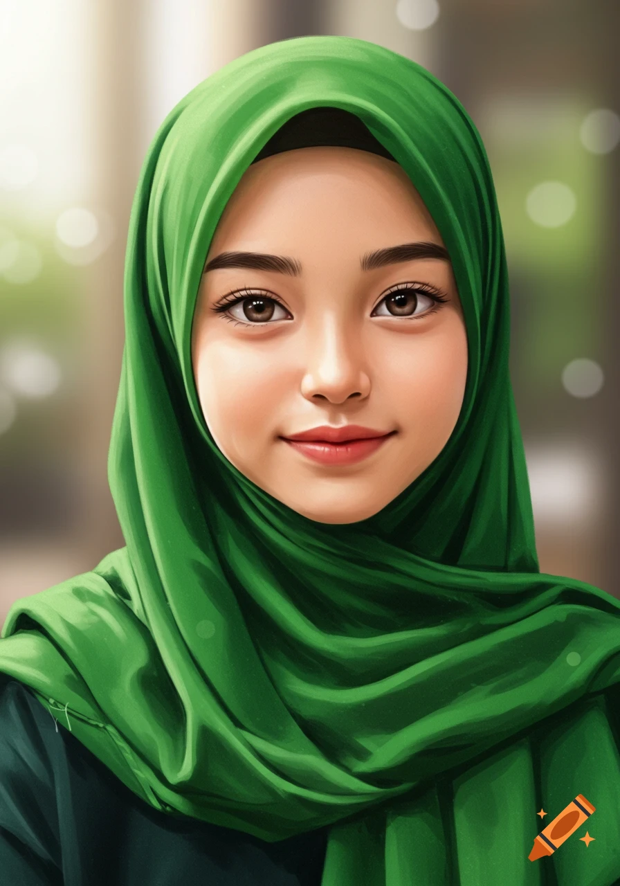 Close-up portrait of a young woman wearing a green hijab, looking forward.
