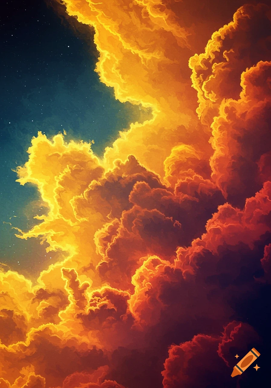 Swirling fiery orange and red clouds against a dark starry sky.
