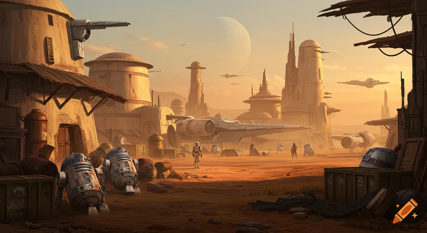 A Star Wars style desert spaceport with droids, ships, and junk in the foreground.