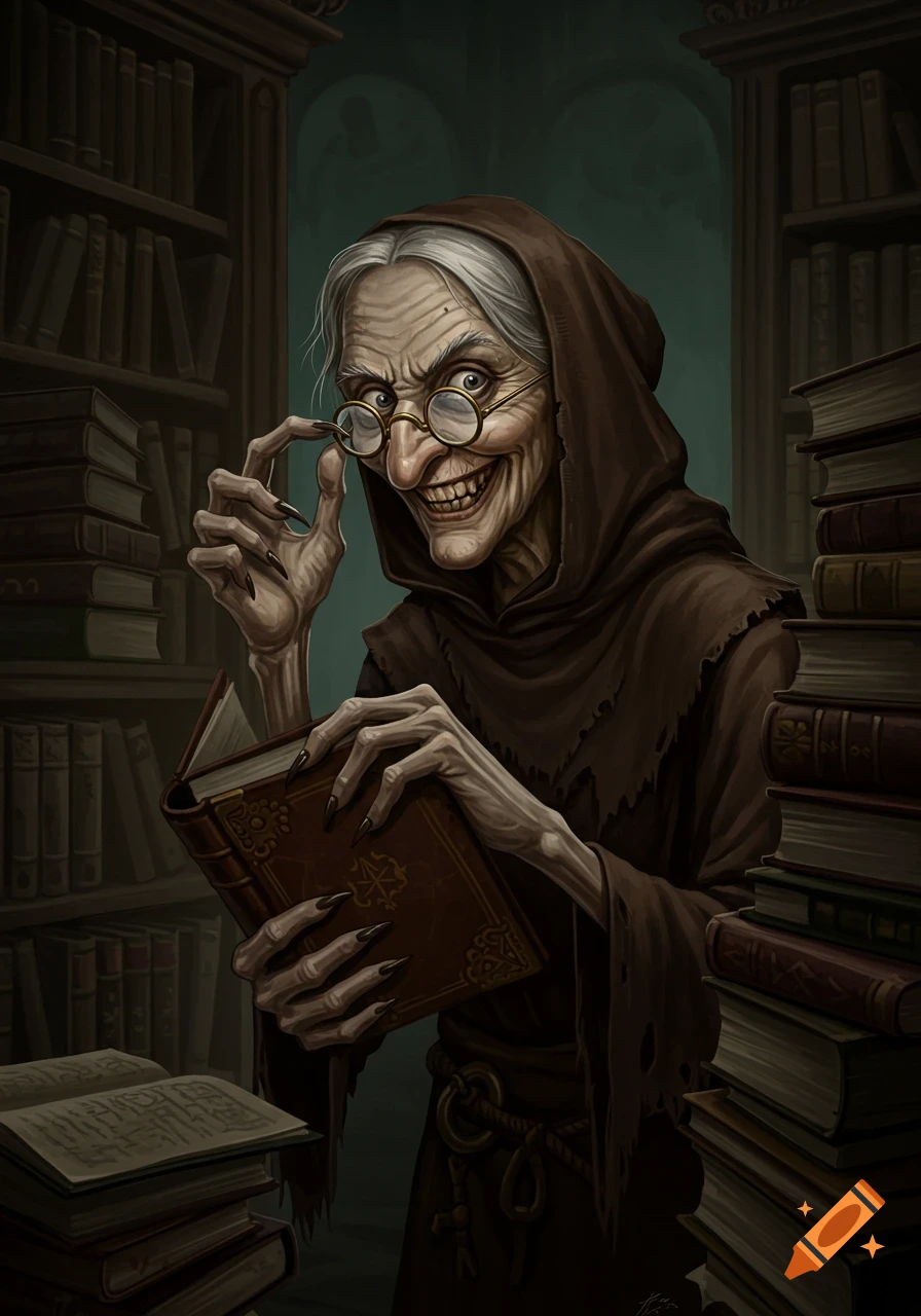 A creepy, grinning old librarian in a hooded robe, holding a book in a dark library.