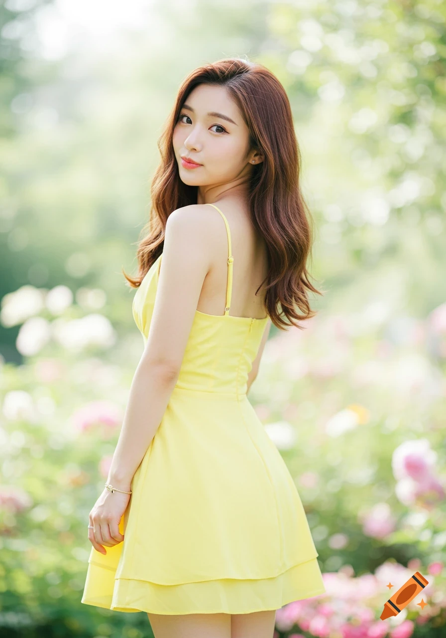 A woman in a yellow dress stands in a sunny garden.
