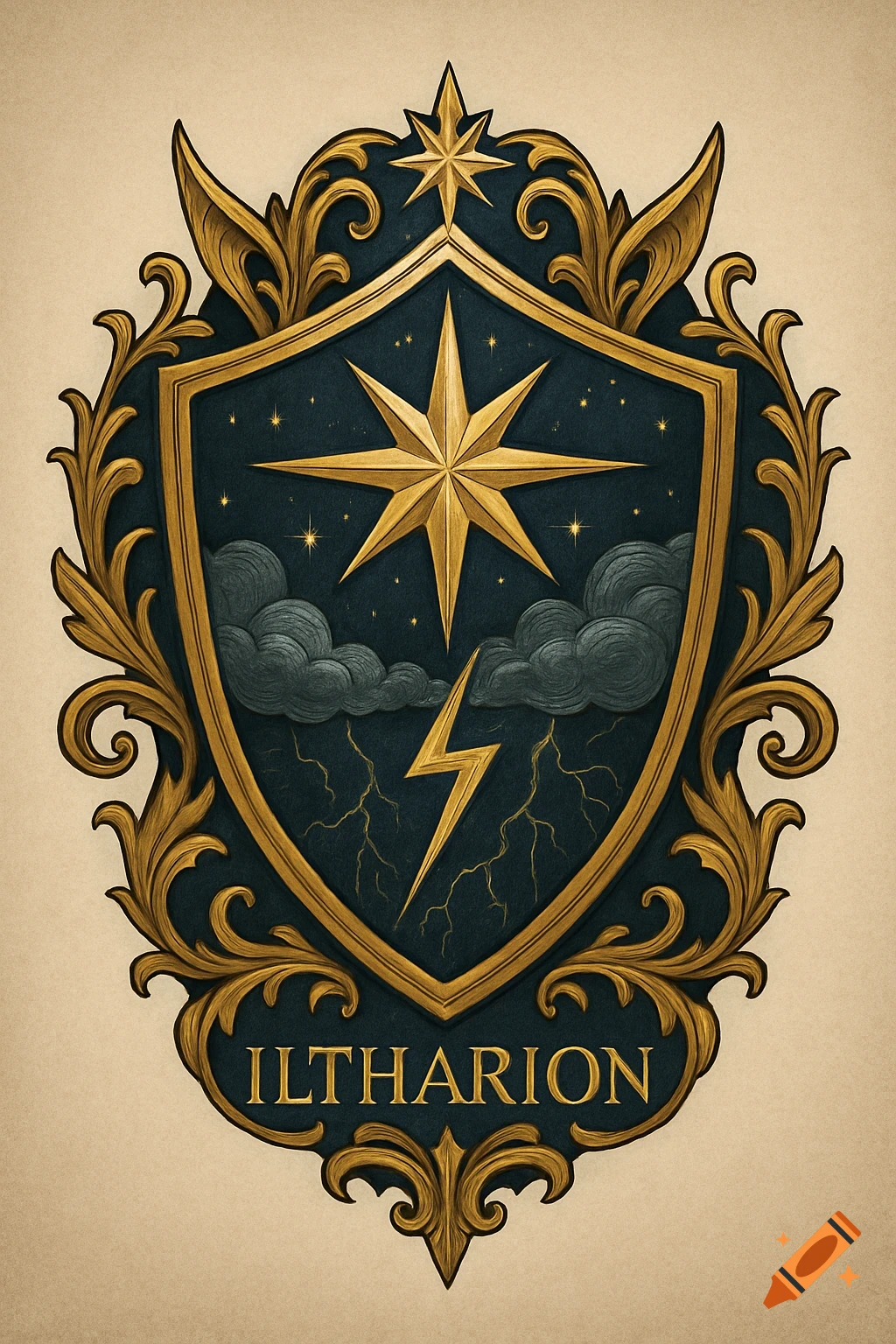 Golden elven crest with a star, storm clouds, lightning, and the name ILTHARION