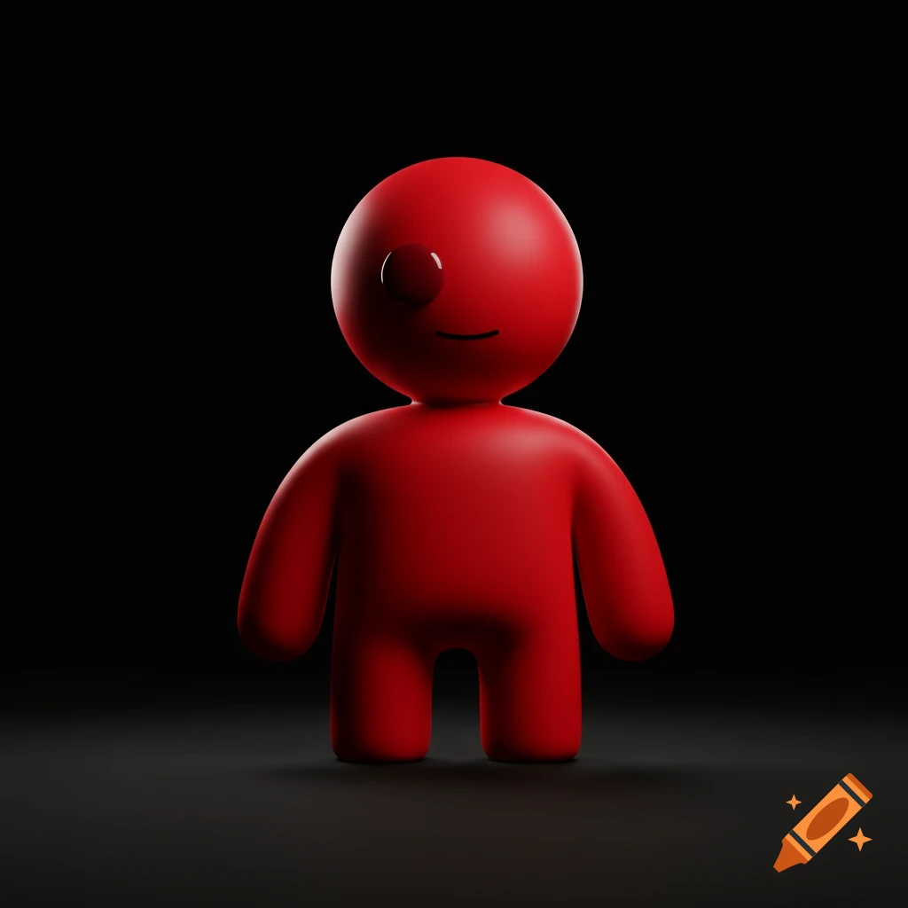 A minimalist 3D render of a red humanoid figure with one large eye and a simple smile on a black background.