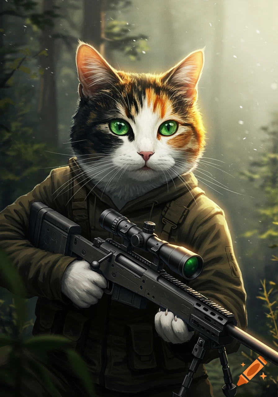 A calico cat wearing a military jacket and holding a sniper rifle in a forest.