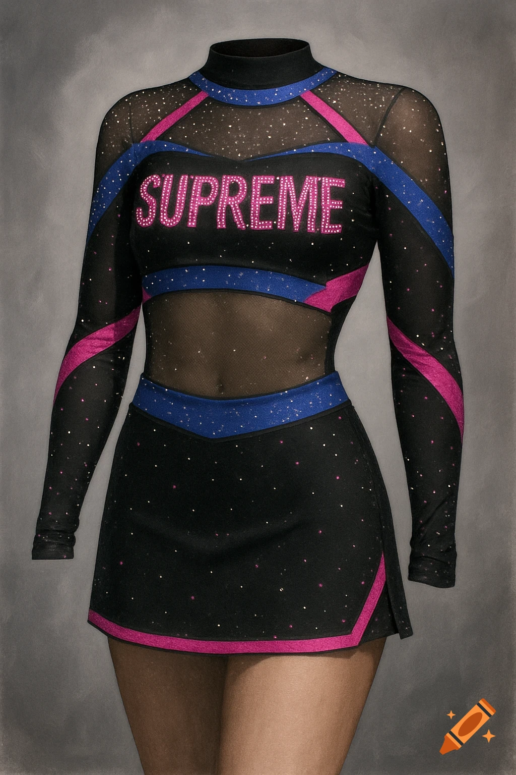 a black cheer uniform with pink/blue trim and SUPREME text.