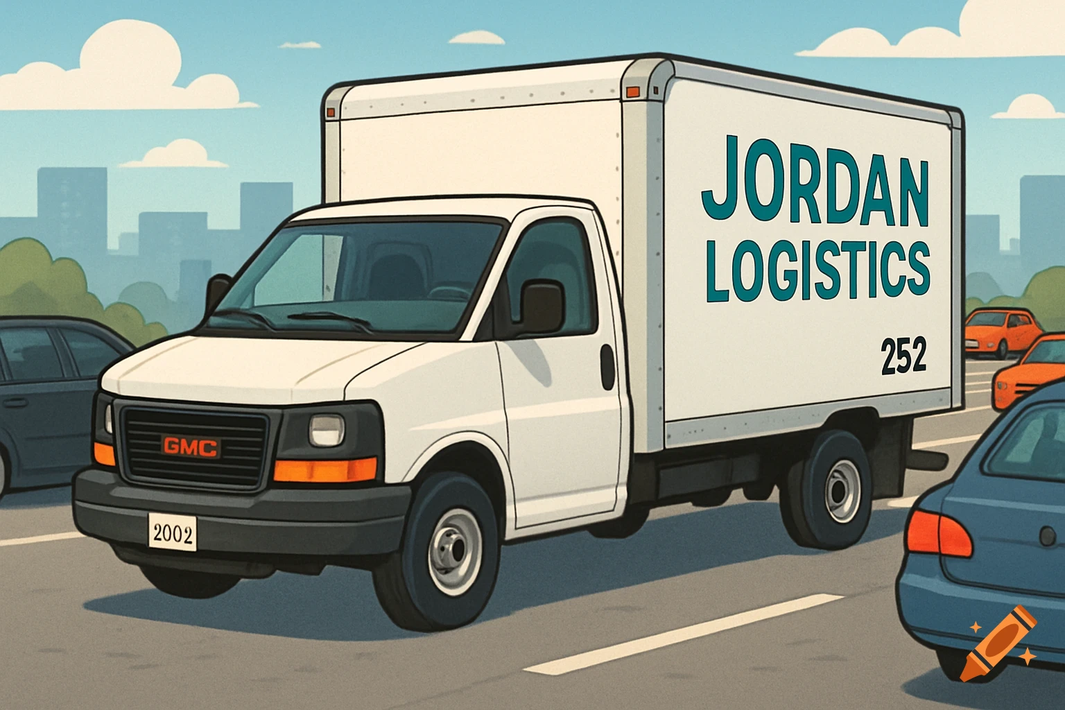 A cartoon white box truck labeled Jordan Logistics drives in traffic with buildings in the background.