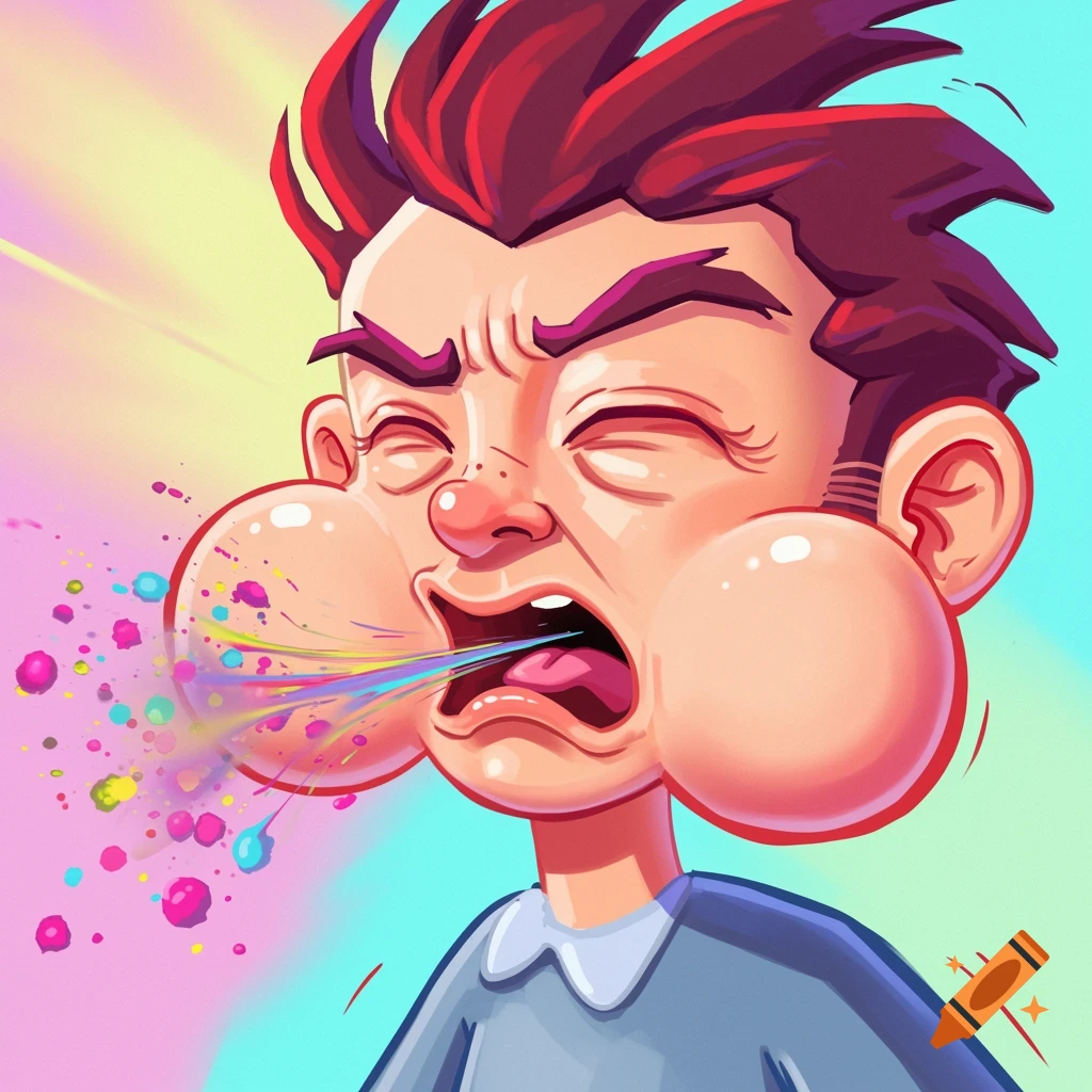 A vibrant cartoon portrait of a person sneezing, with exaggerated puffed cheeks and colorful particles erupting.