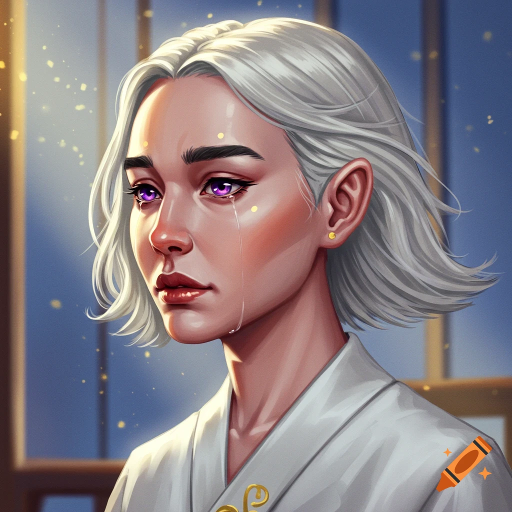 Portrait of a fantasy woman with grey hair, purple eyes, and pointed ears crying.