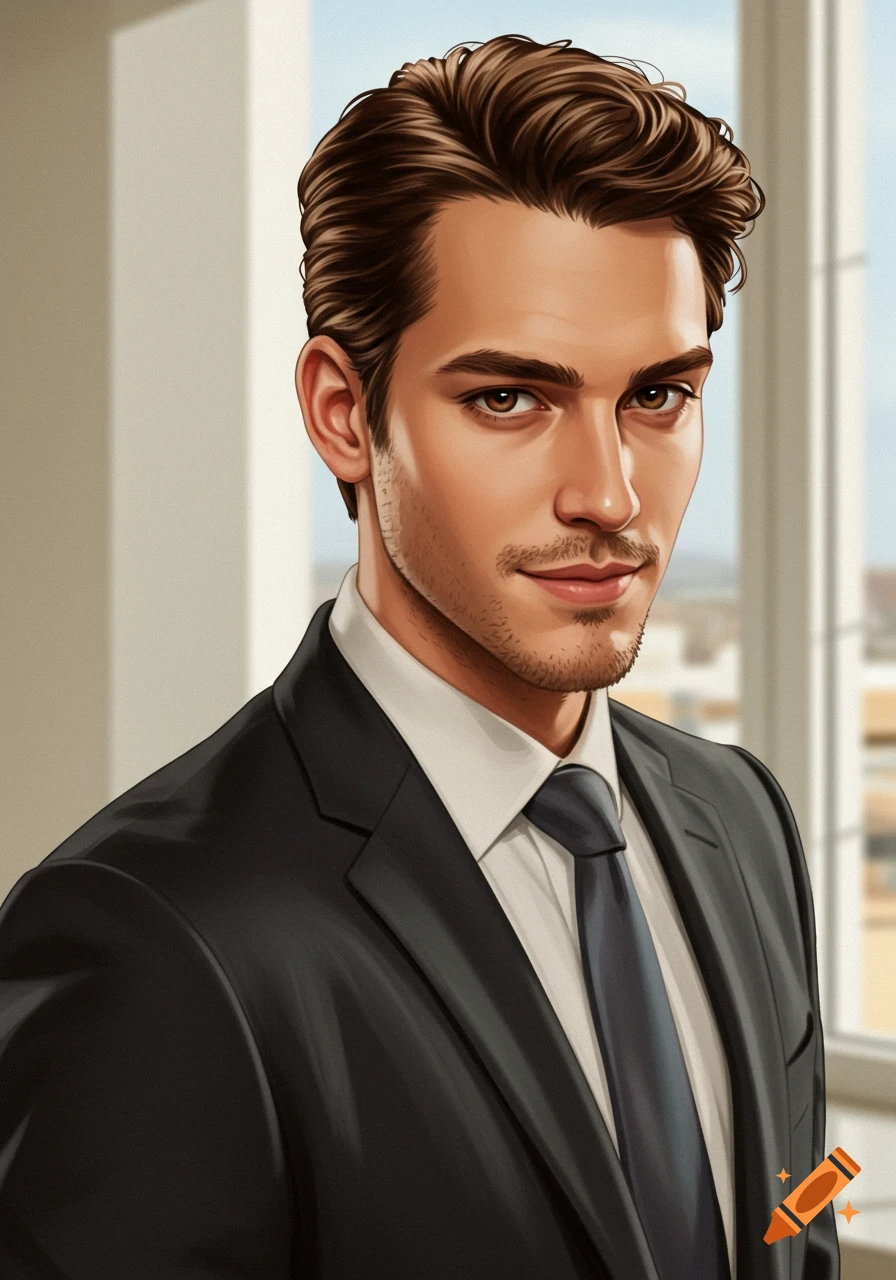A man in a suit with brown hair and stubble looking at the camera.