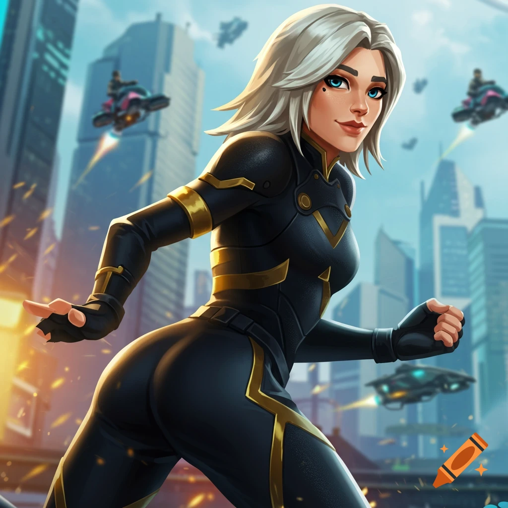 A woman in a black and gold suit running in a futuristic city
