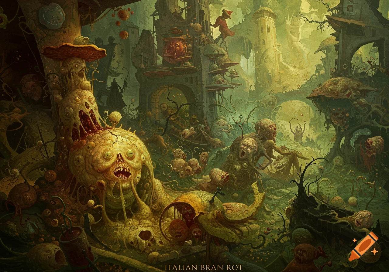 A surreal, grotesque landscape with decayed, fungal-like features, filled with mutated creatures and bizarre structures.