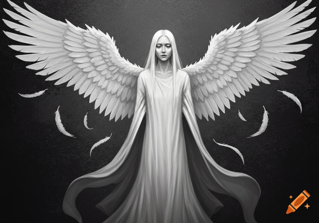 A gothic angel with large white wings and falling feathers against a dark background