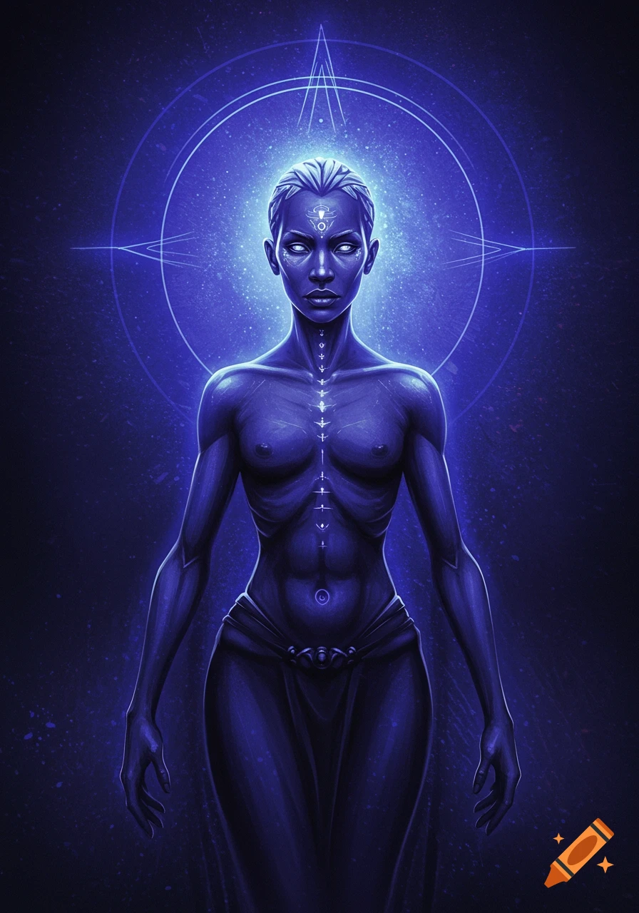 A mystical figure with indigo aura and symbols set against a cosmic background.