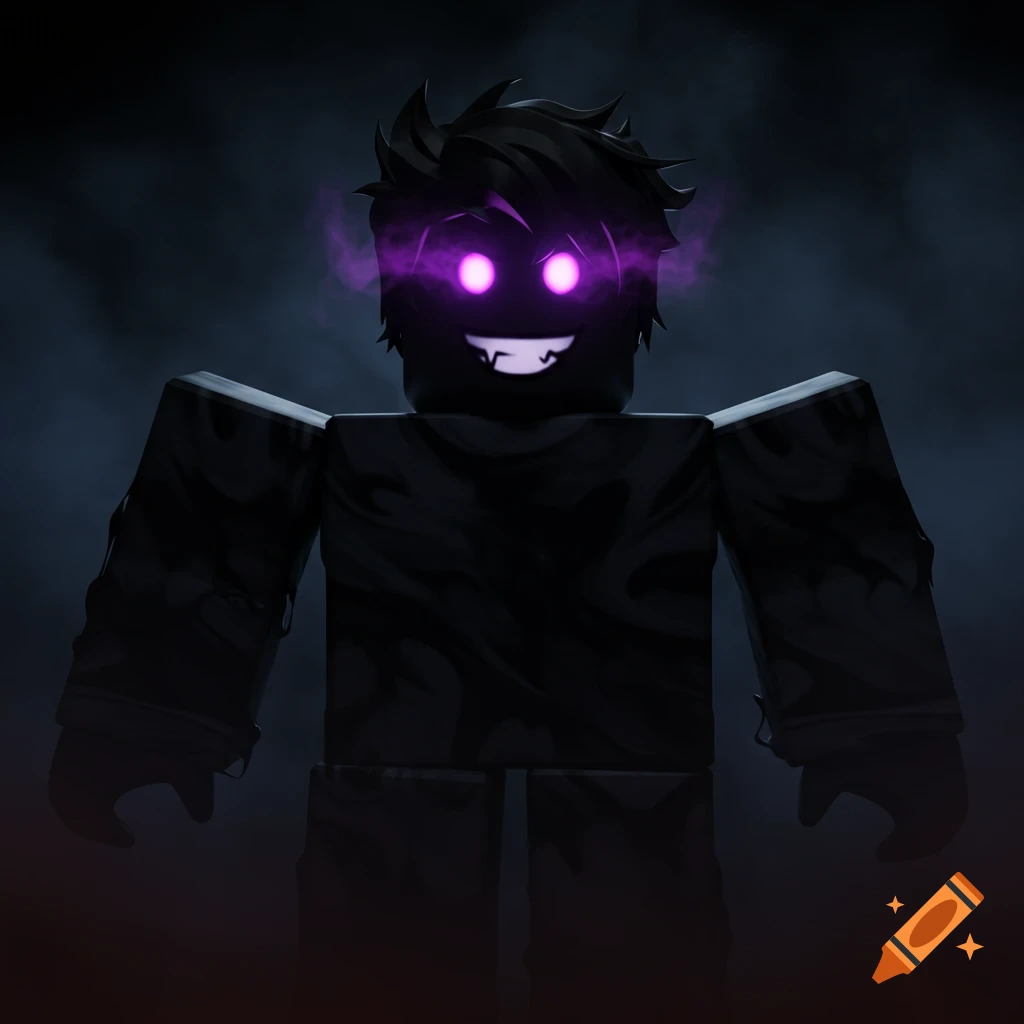 Roblox character made of shadow with glowing purple eyes and a smile.