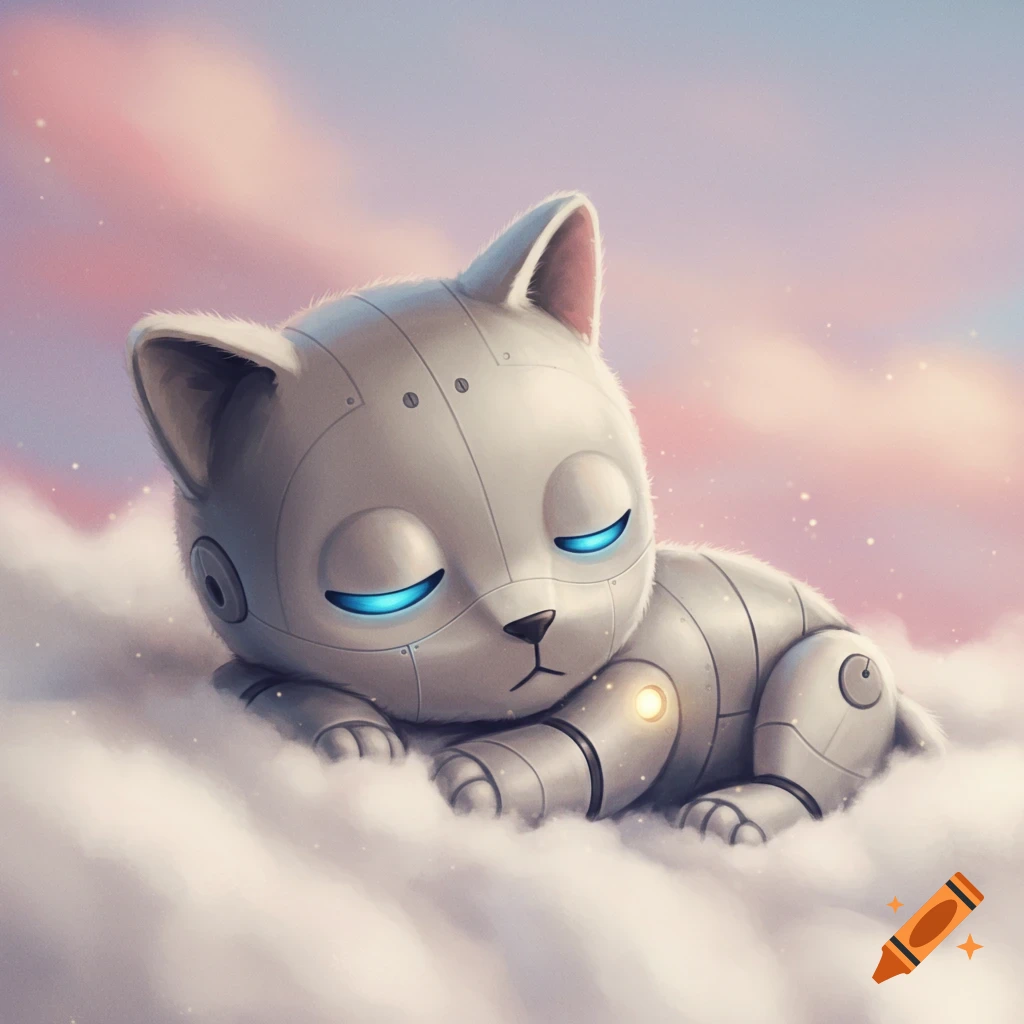 A sleepy robot cat sleeping on clouds.