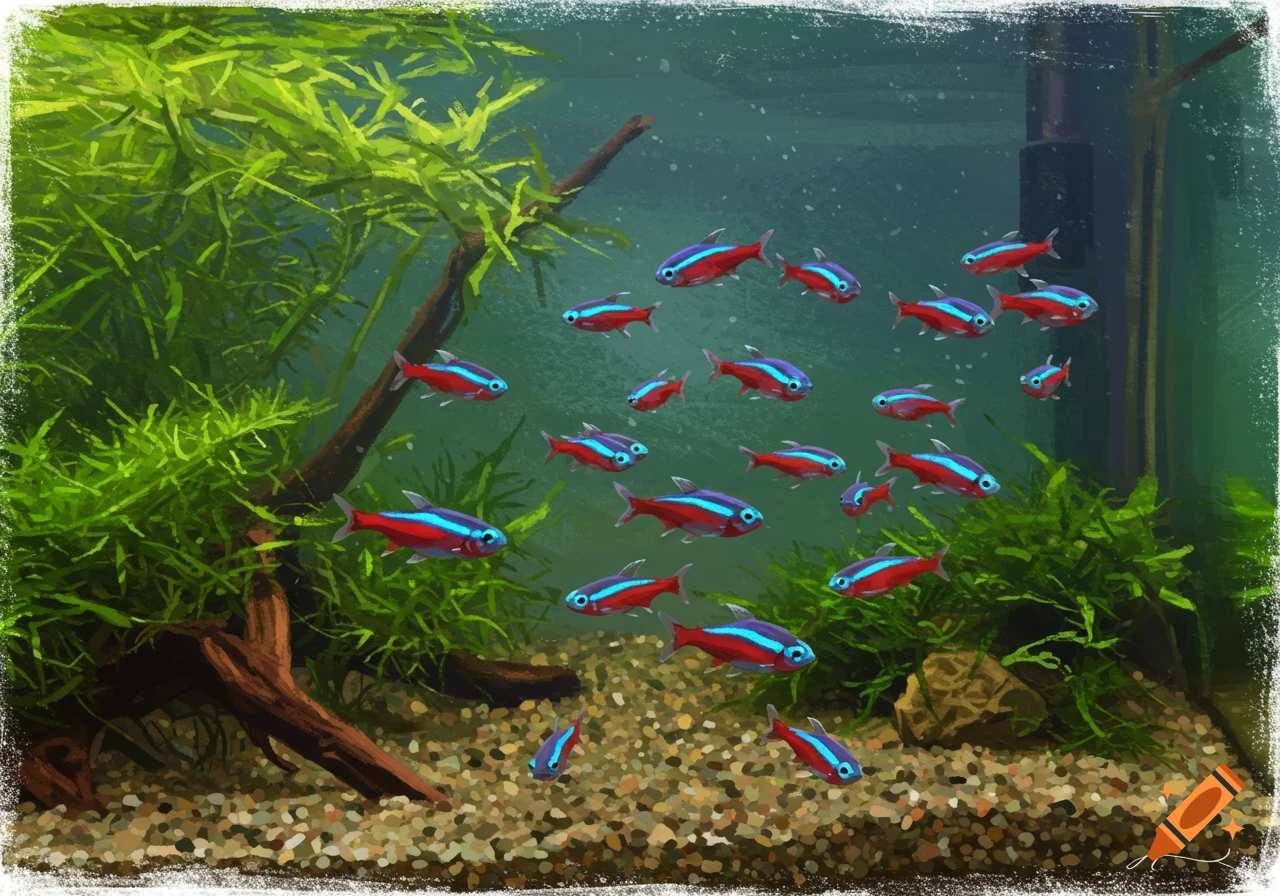 A fish tank with many neon tetra fish swimming among plants.