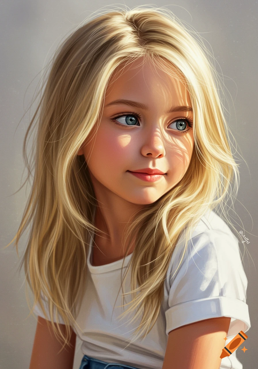 A young girl with blonde hair and blue eyes wears a white shirt and looks away.