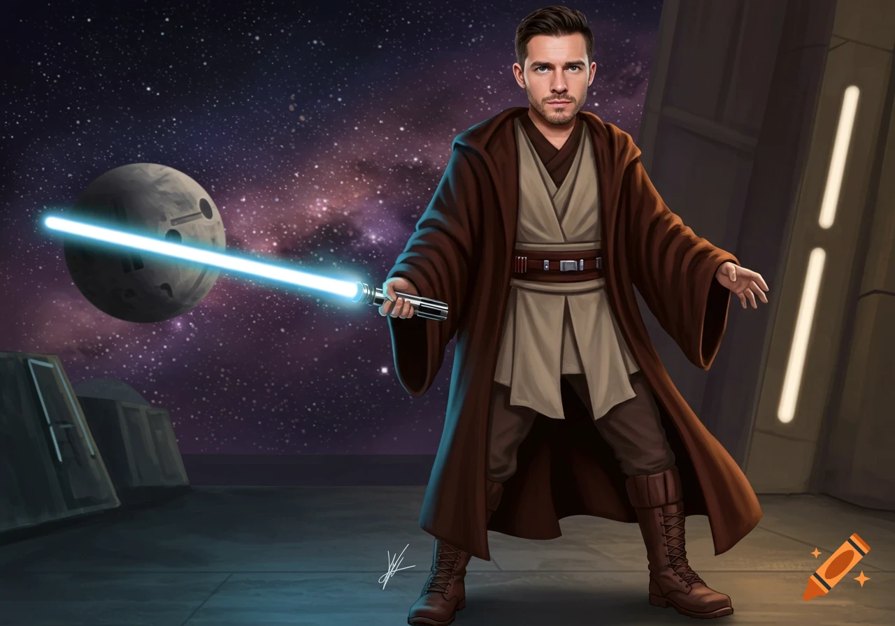 A man in Jedi robes is holding a blue lightsaber in space
