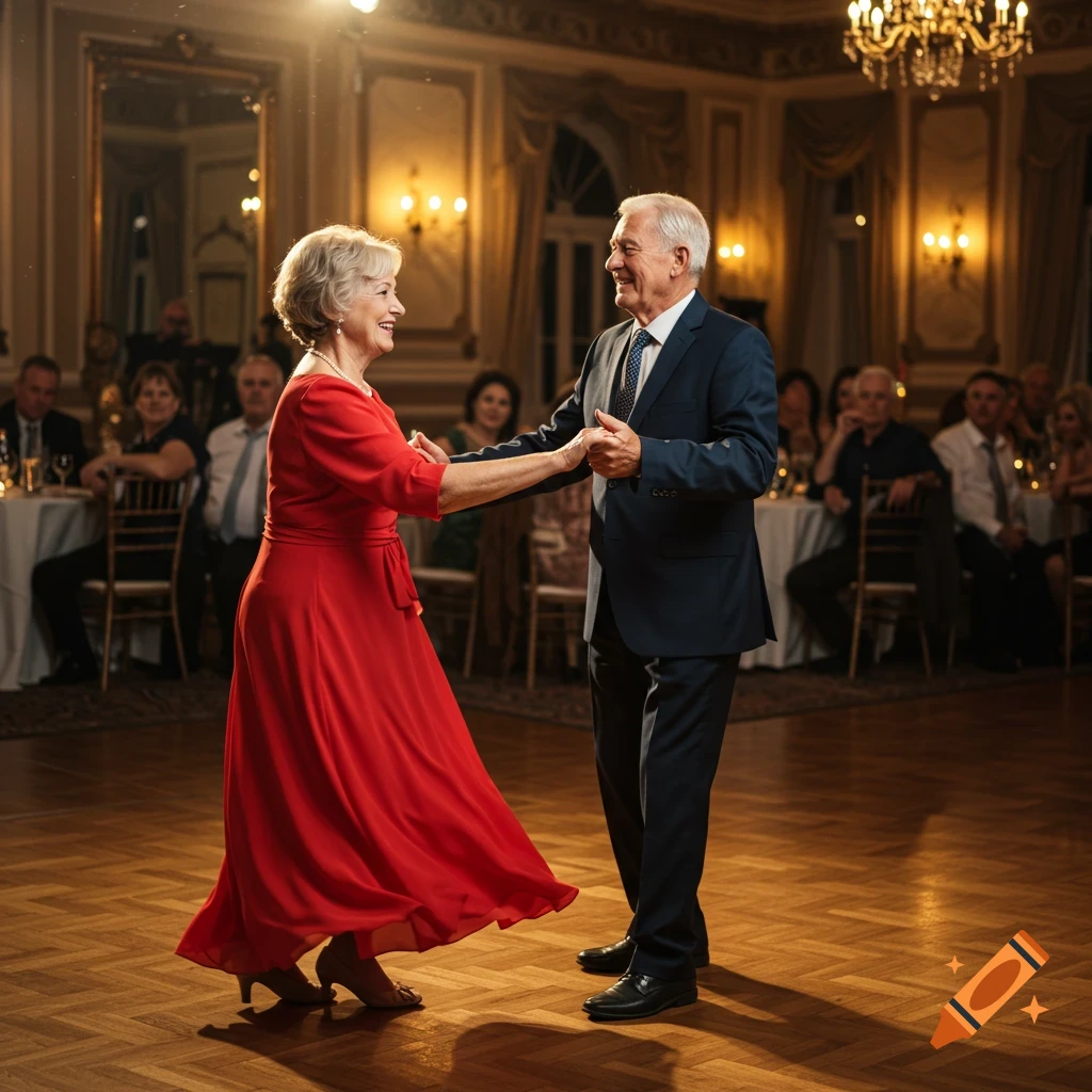 An elderly couple dances on a wooden floor in a ballroom, with other guests watching.