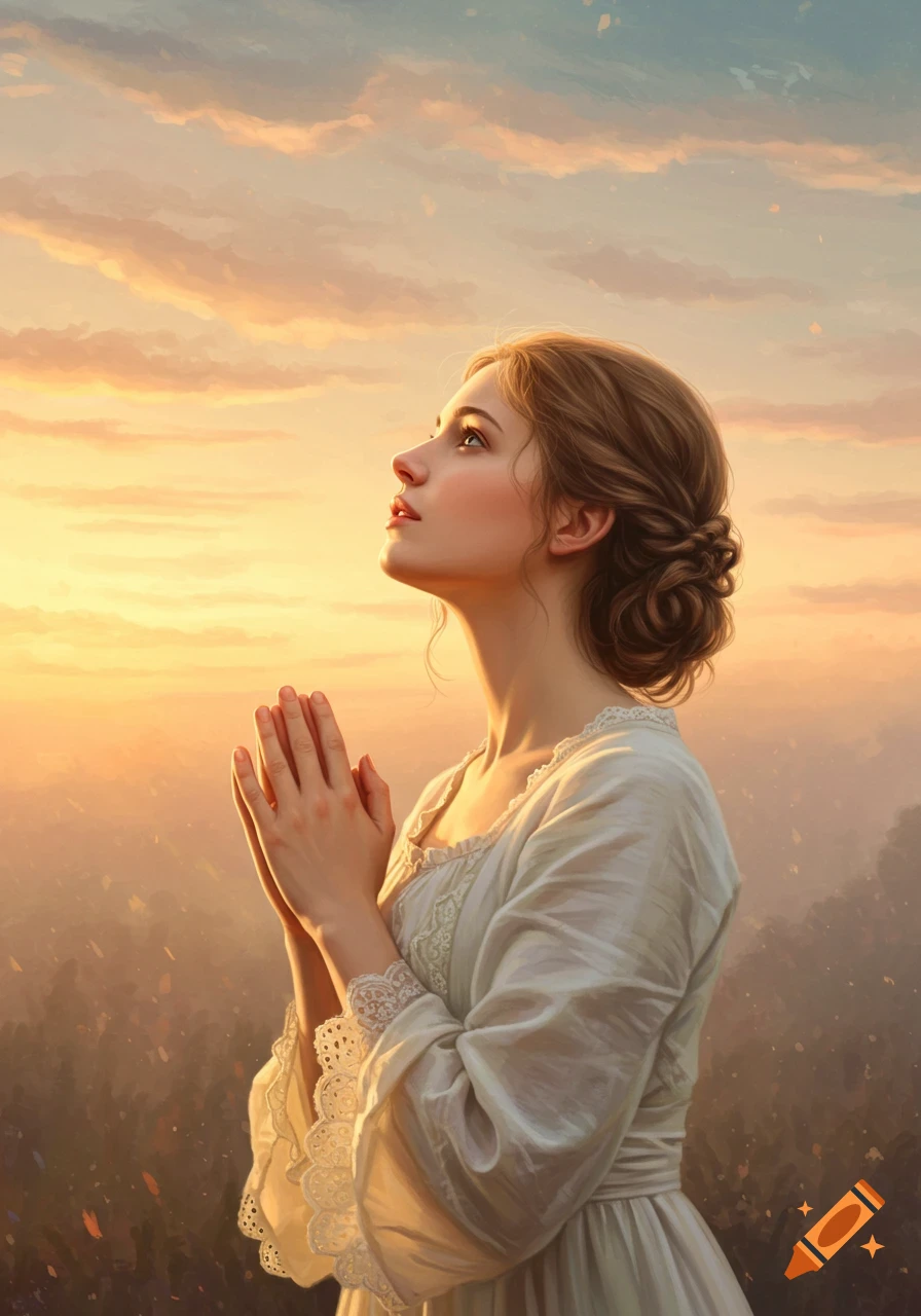 Impressionistic painting of a young woman praying, looking up at a sunrise.