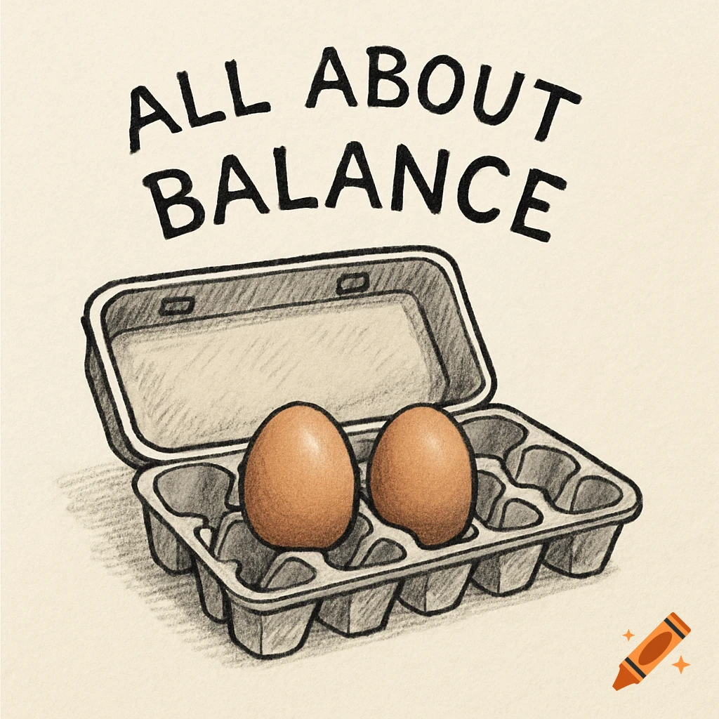 Drawing of two eggs in an open egg carton with the text 'ALL ABOUT BALANCE' above it.