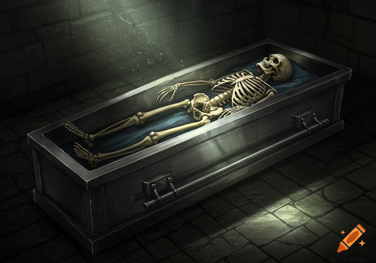 A skeleton lies in a metal coffin within a dark, stone room where rays of light illuminate the scene.