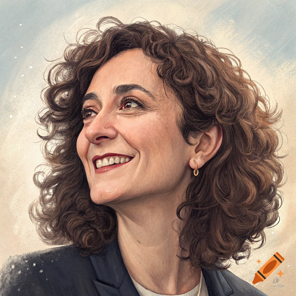 Illustration of a smiling woman with curly brown hair.