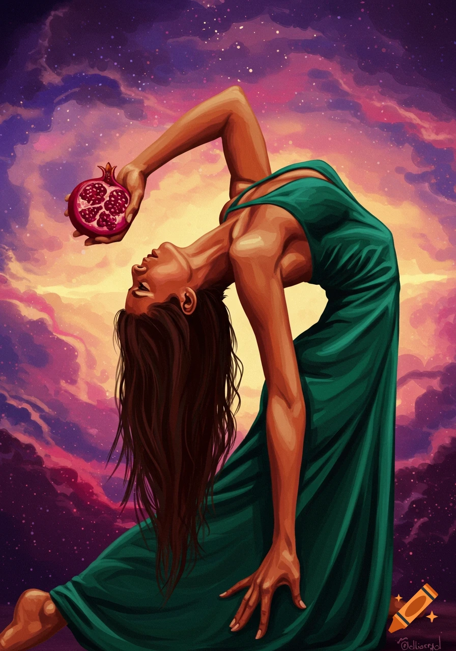 A woman bends back, holding a pomegranate against a cosmic sky