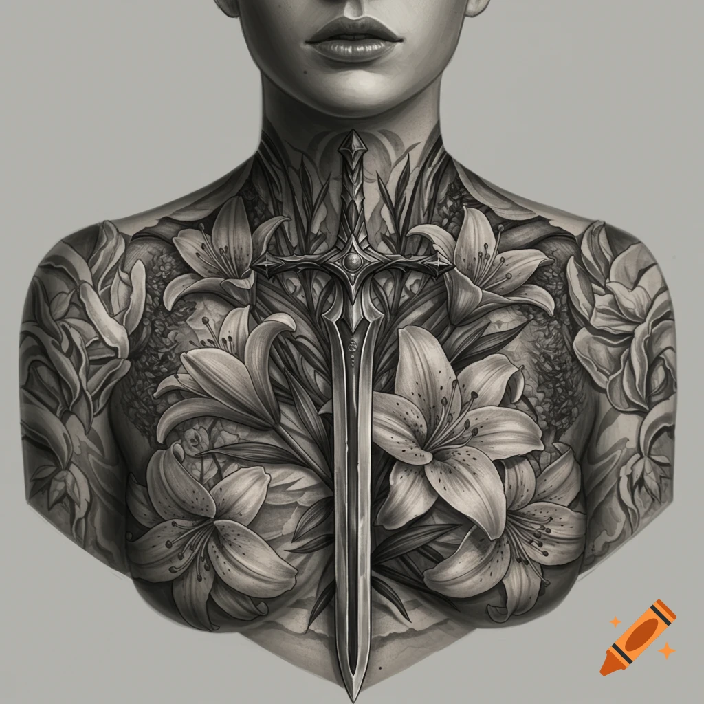 Black and grey illustration of a woman with a detailed chest tattoo featuring a sword and lilies, covering her shoulders and neck.