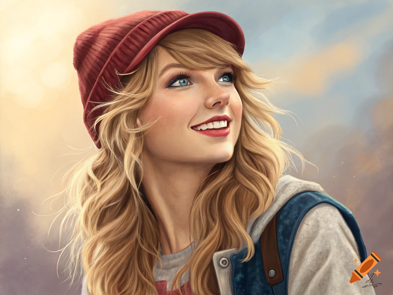 Painting of Taylor Swift smiling and looking up, wearing a red hat and jacket.