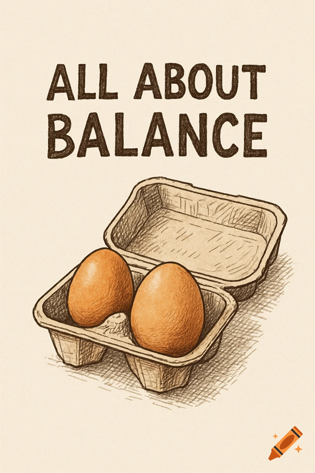 A sketch-style drawing of two eggs in an egg carton with the text 'ALL ABOUT BALANCE' above.