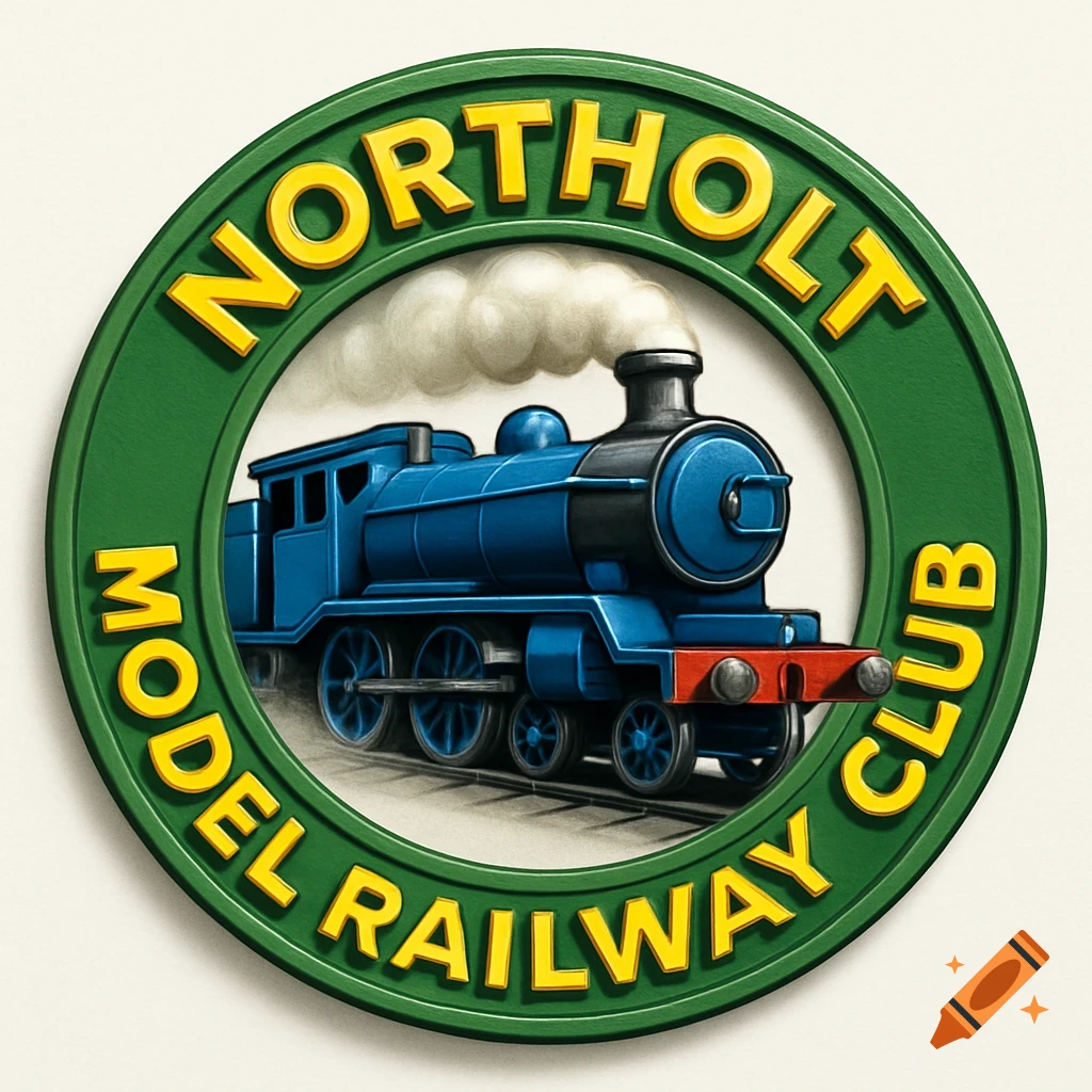 Round logo with green border and yellow text "NORTHOLT MODEL RAILWAY CLUB" surrounding a blue steam train illustration.