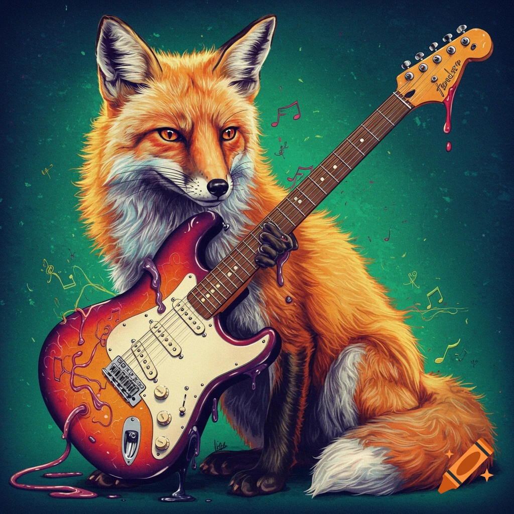A fox playing a melting electric guitar